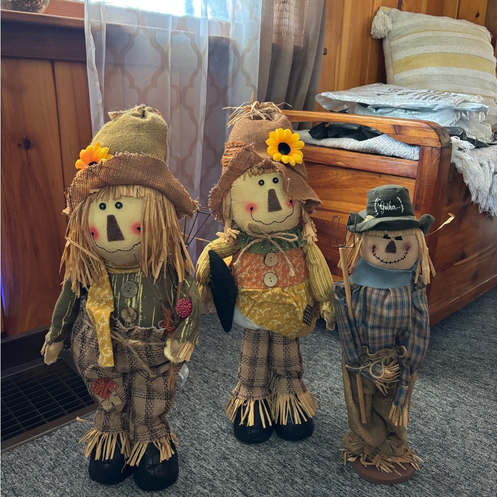 Set of Three Scarecrow Figurines with Plaid Outfits